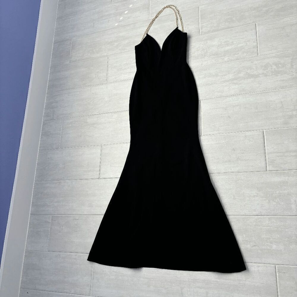 Lulu's Black Gown V-Neck Plunge Backless Open Back Gold Chain Small Maxi Dress